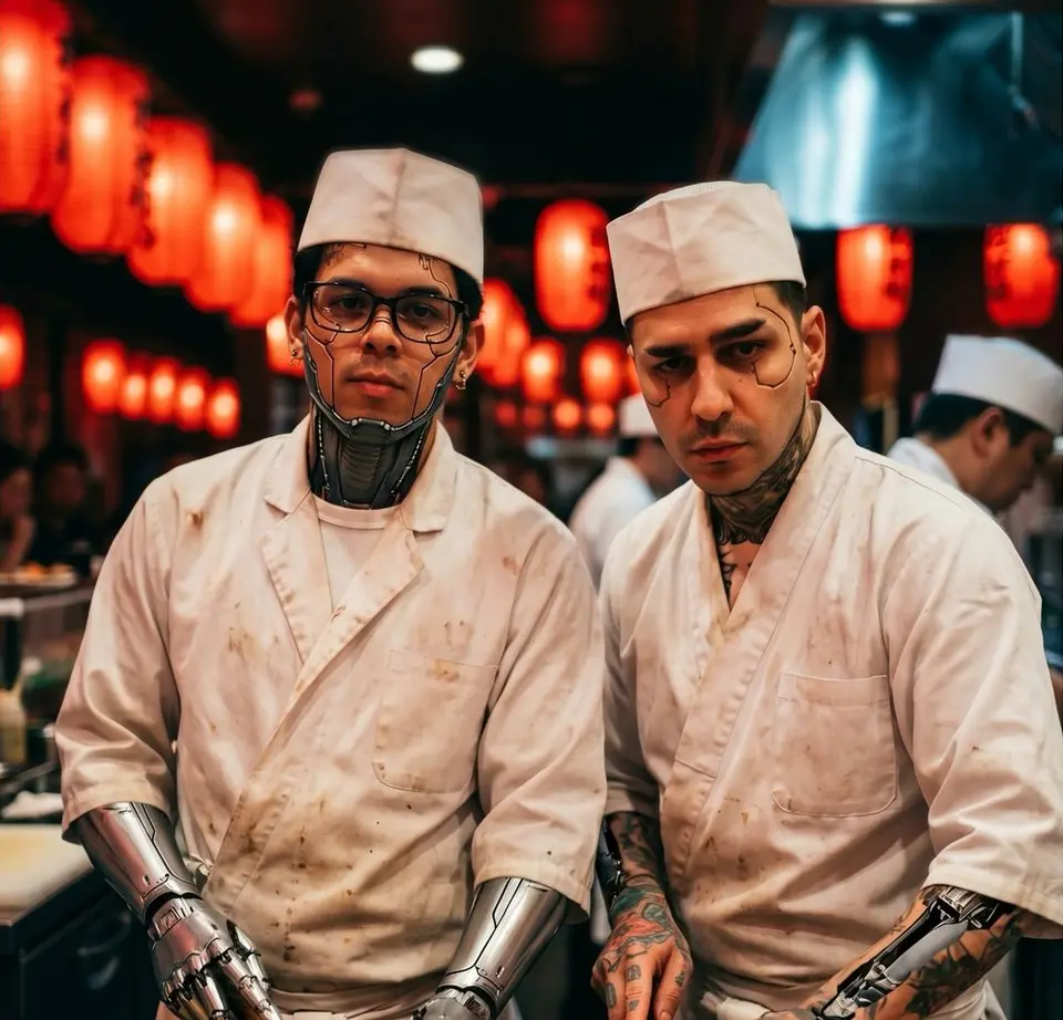 Póster de SusHi Tech Tokyo 2026 con Valerio y Carlos como sushi chefs con brazos robóticos